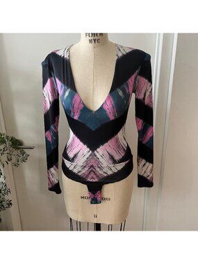 AFRM Sybil Deep V-Neck Long-Sleeve Chevron Tie-Dyed Bodysuit Size Small